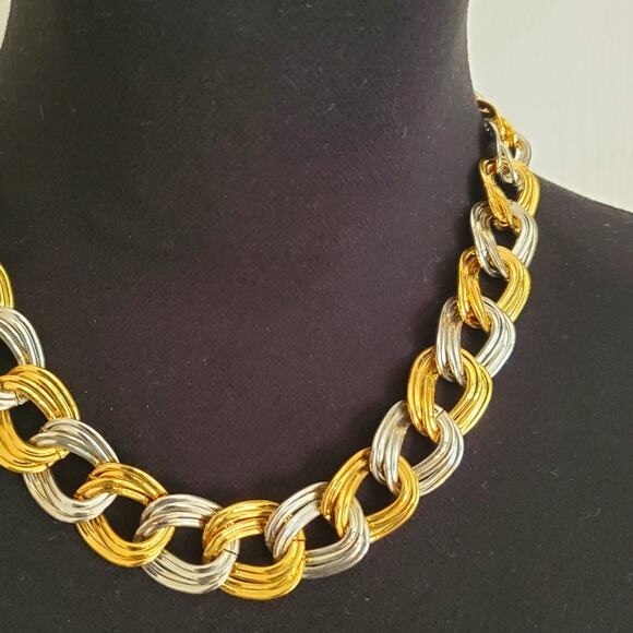Gold & Silver Tone Necklace Bracelet Set Chunky Chain Polished Mixed Metal Retro - Picture 3 of 9